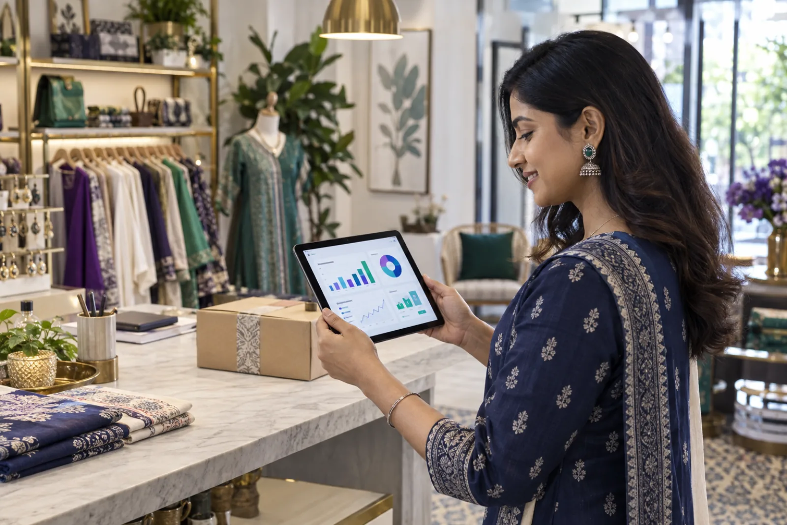 Small business owner reviewing a commerce dashboard in a modern retail shop