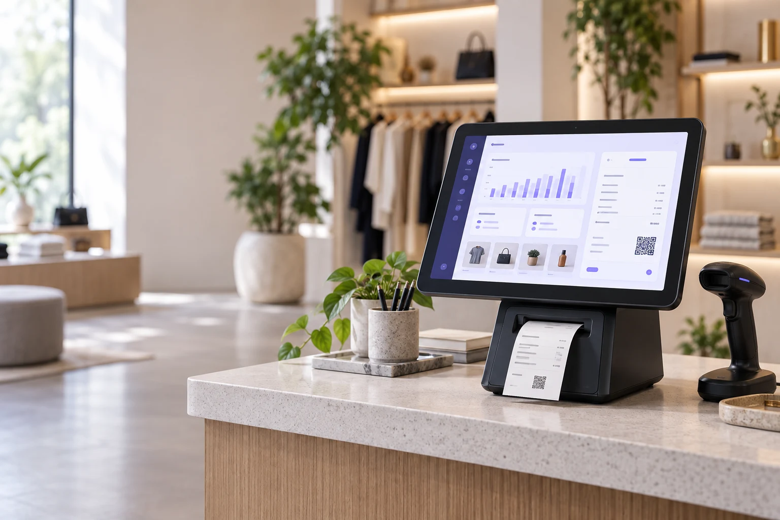 Modern retail point-of-sale terminal with billing dashboard and barcode scanner