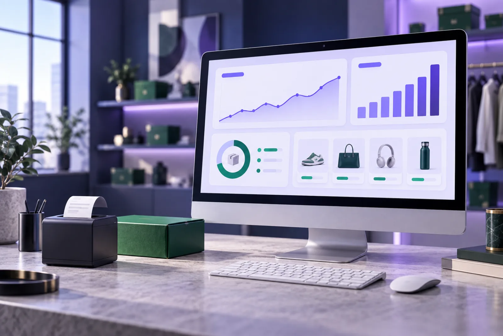 Retail analytics dashboard showing sales and inventory insights on a desktop monitor