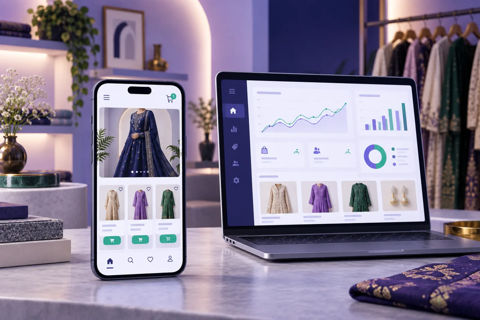 A fashion storefront on a phone alongside a retail analytics dashboard on a laptop