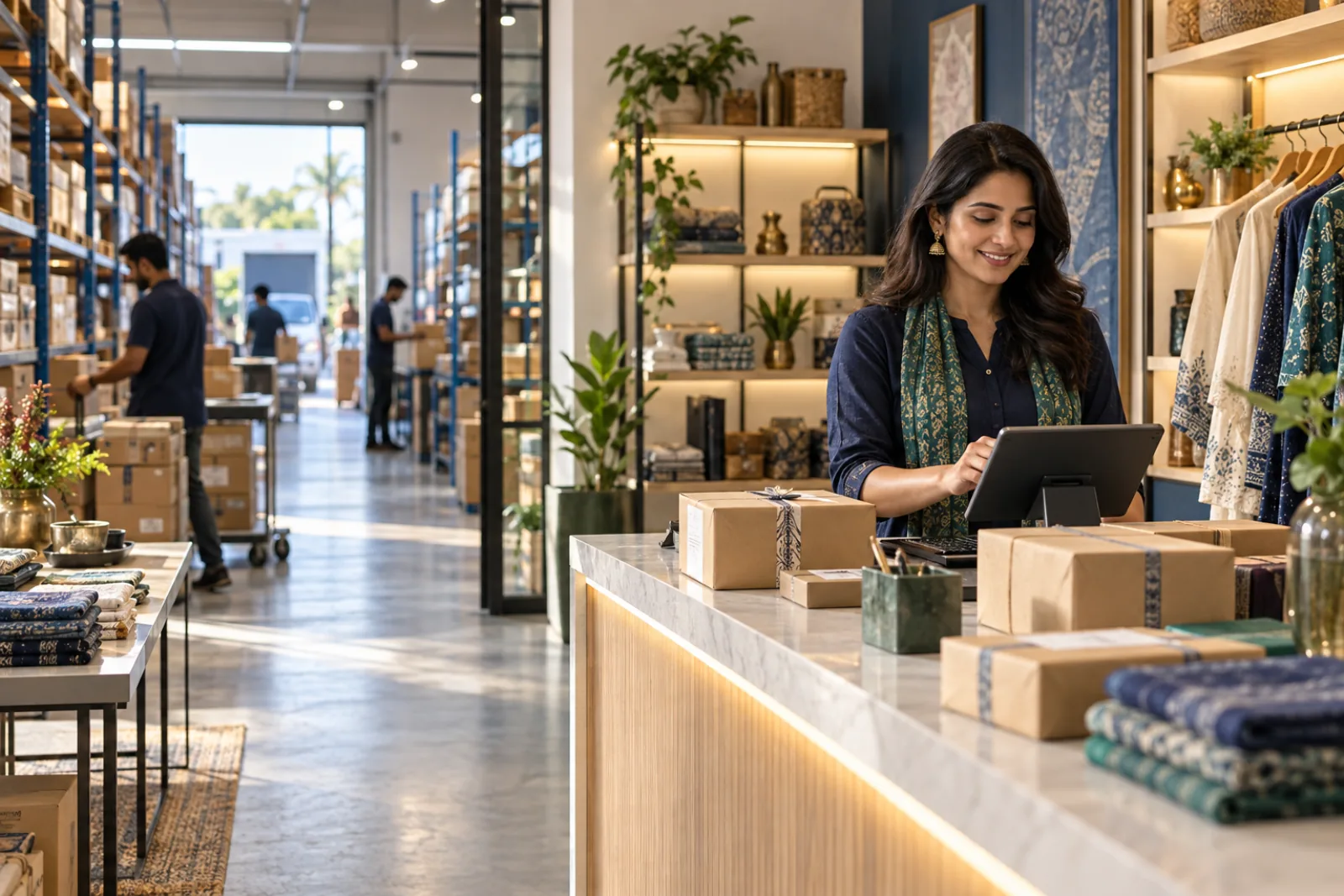 Retail counter connected to a busy fulfilment warehouse, representing a business scaling across locations